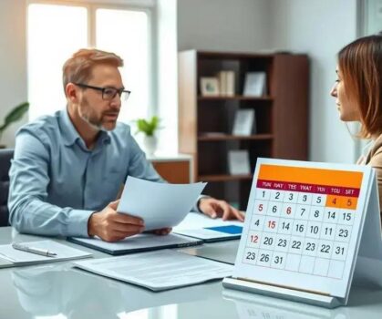 {"prompt":"Photorealistic image of a landlord and a tenant discussing a rental agreement in a bright, professional office setting, papers and contract documents on the desk, with a calendar showing a 15-day deadline highlighted, conveying urgency but calm professionalism.","originalPrompt":"Photorealistic image of a landlord and a tenant discussing a rental agreement in a bright, professional office setting, papers and contract documents on the desk, with a calendar showing a 15-day deadline highlighted, conveying urgency but calm professionalism.","width":1280,"height":720,"seed":42,"model":"flux","enhance":false,"nologo":true,"negative_prompt":"worst quality, blurry","nofeed":false,"safe":false,"quality":"medium","image":[],"transparent":false,"isMature":false,"isChild":false}